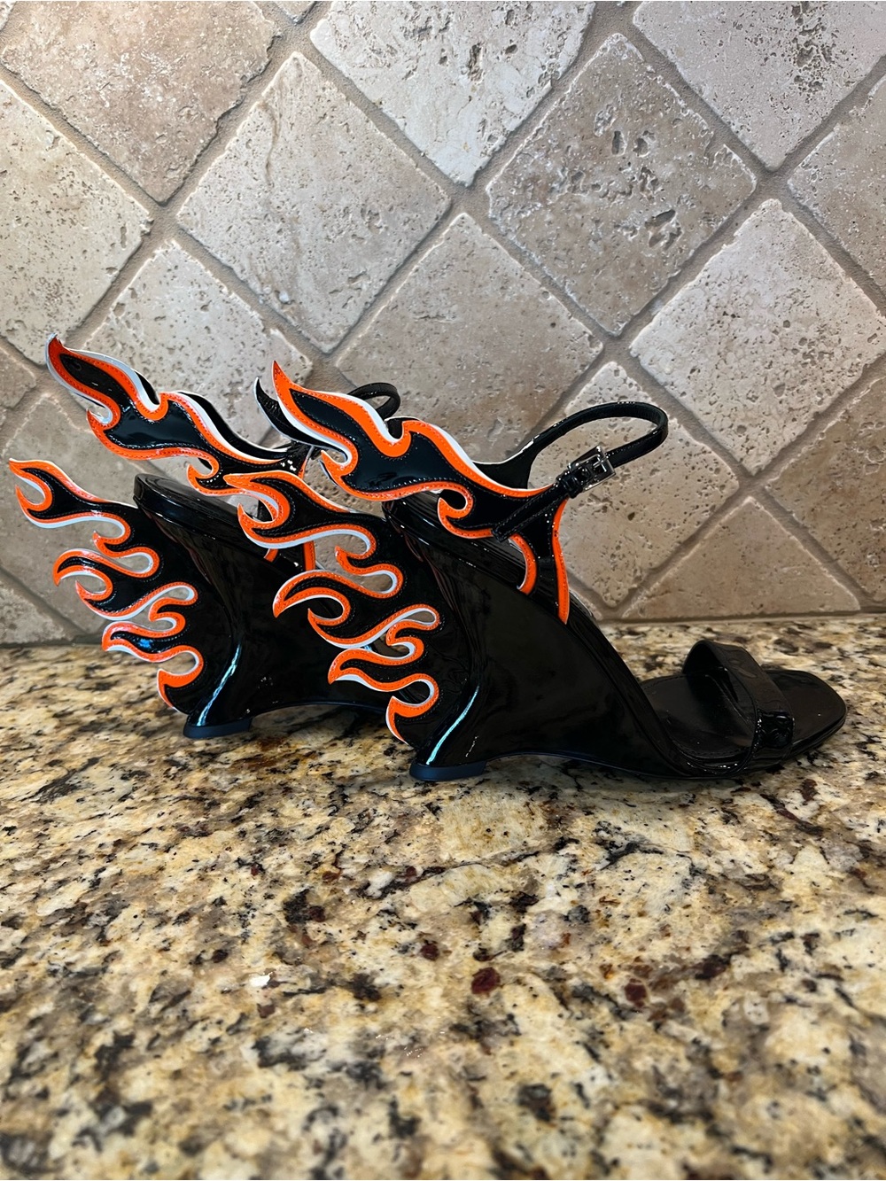 Prada 2018 Flame Detail Black Patent Leather Wedge Sandals w/ Orange Flame - Picture 3 of 14